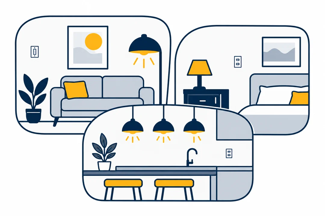 Ilustração de sala, quarto e cozinha com iluminação e pontos elétricos